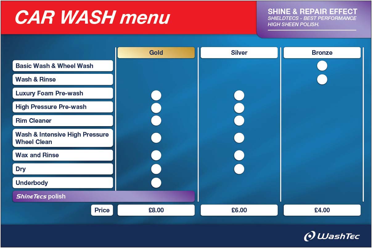 Car Wash Menu Options - London Road Service Station